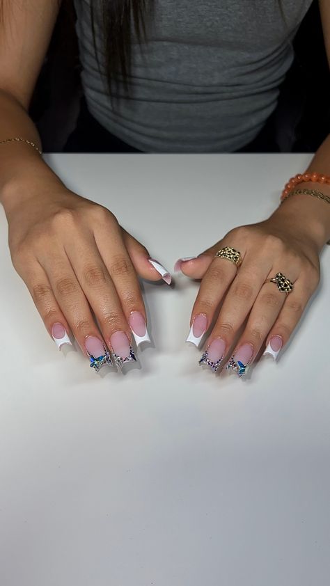 Blue French Tip Nails With Diamonds, Bling Frenchies, Bling French Tip, Nail Long, Birthday Nail, Edgy Nails, Colored Acrylic Nails, Girly Acrylic Nails, Summery Nails