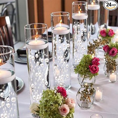 Amazon.com: White Vase Filler for Floating Candles, 94ft Cuttable Faux Pearl Beads Strings Filler Cylinder Vases Centerpiece Table Decorations for Floating Effects, Wedding, Dining, Party, Celebration : Home & Kitchen Simple Centerpiece Wedding Rectangle Table, Safe And White Wedding, Long Centerpieces Dining Room Modern, Wedding Decor For Tables Centerpieces, Single Bowl Table Centerpieces Wedding With Water Beads Floating Flowers, Classic Elegant Wedding Table Setting, Black And White Wedding Table Centerpieces, Tall Centerpieces For Party Elegant, Easy Party Table Decorations