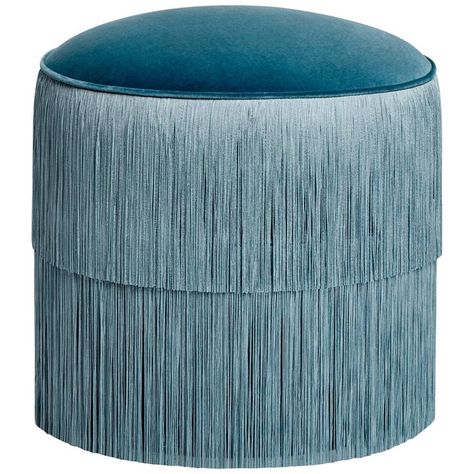 Classic Blue Fringes Ottoman, Handmade Velvet Stool with Fringe Trim | From a unique collection of antique and modern Ottomans and Poufs at https://www.1stdibs.com/furniture/seating/ottomans-poufs/. Veranda Design, Handmade Stool, Velvet Stool, Designer Upholstery Fabric, Fashion Themes, Chaise Design, Fringe Trim, Architectural Digest, Classic Blue