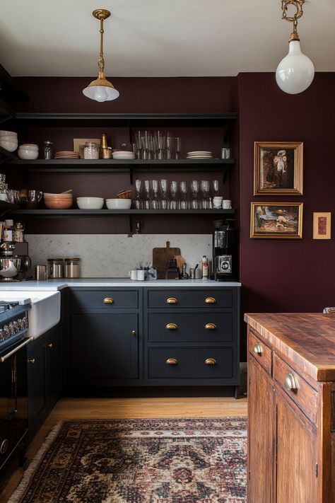 Black White And Rust Kitchen, Black Cabinets On Bottom White On Top, Dark Paint Kitchen Walls, Small Dramatic Kitchen, Interior Designer Kitchen, Moody Kitchen White Countertops, Moody European Kitchen, Moody French Kitchen, Moody Kitchen Wood Cabinets