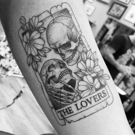 The Lover Tarot, Skull Couple Tattoo, Emo Tattoos, Tarot Card Tattoo, Tarot Tattoo, Card Tattoo Designs, Tattoos For Lovers, Card Tattoo, The Lover