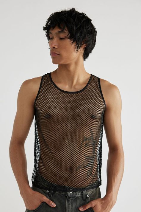 Men In Fishnet Top, Vest Top Outfits, Fishnet Shirt, Fishnet Top, Surf Tee, Mesh Tank Top, Queer Fashion, Mens Trendy Outfits, Logo Tees