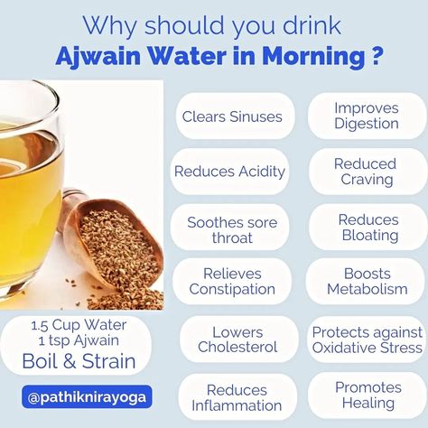 🌿 Boost Your Morning Routine with Ajwain Water! 🌞 Did you know that this simple yet powerful drink offers a plethora of health benefits? From aiding digestion and relieving bloating to boosting metabolism and supporting weight loss, Ajwain water is a game-changer for your overall well-being. 💧 Whether you're looking to kickstart your metabolism, soothe digestive woes, or simply add a refreshing twist to your morning routine, Ajwain water has got you covered! Who should drink it? Anyo... Ajwain Water Benefits, Accessible Yoga, Carom Seeds, How To Clear Sinuses, Herbal Tonic, Baking Soda Cleaning, Yoga Youtube, Tea Health Benefits, Water Benefits