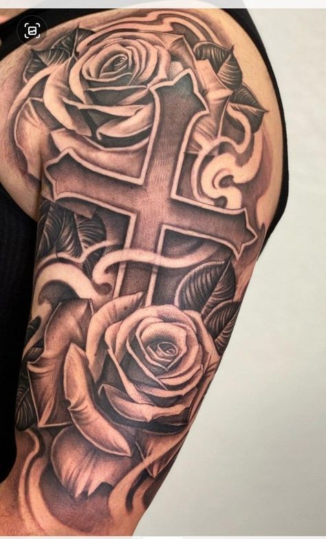 Men Tattoos Upper Arm, Cross Half Sleeve Tattoo Men, Cross With Roses Tattoo Men, Cross Upper Arm Tattoo, Rose And Cross Tattoos For Men, Rose Tattoo Men Shoulder, Cross Tattoos For Men Shoulder, Shoulder Cross Tattoo Men, Cross Shoulder Tattoo Men