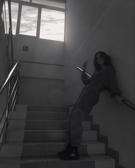 #photo #photoidea #aesthetics #stairs #blackandwhite #livephoto Emergency Stairs Photoshoot, Emergency Stairs, Stairs Photoshoot, Industrial Stairs, Photoshoot Inspo, Live Photo, Video Clip, A Photo, Stairs