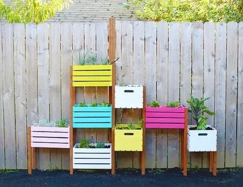 Wooden Crates Garden, Small Backyards, Funky House, Box Garden, Vertical Vegetable Garden, Rainbow Garden, Backyard Fireplace, Vertical Herb Garden, Fotos Ideas