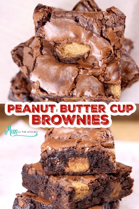 These Peanut Butter Cup Brownies are quick and easy to make, just perfect for every occasion. Delicious enough for holidays and celebrations and simple to make any day of the week with a box mix and pb cups. Brownie Recipes With Peanut Butter, Chocolate Peanut Butter Brownies Easy, Dessert Using Brownie Mix Boxes, Reese’s Brownies, Box Brownie Recipes, Peanut Butter Brownies Box Recipes, Box Brownie Mix Ideas, Peanut Butter Cup Brownies, Pb Cups