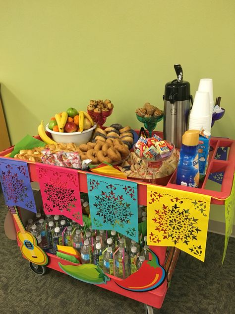 Cinco De Mayo snack cart pushed door to door for teachers and staff during teacher appreciation week! Employee Appreciation Snack Cart, Fiesta Theme Teacher Appreciation Week, Breakfast Cart Ideas For Teachers, Staff Room Snack Ideas, Staff Appreciation Snack Cart, Breakfast Teacher Appreciation, Breakfast For Teachers Appreciation, Teacher Appreciation Pta Ideas, Evs Week Ideas