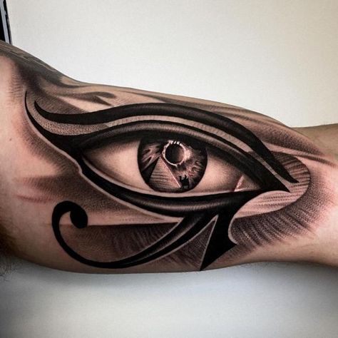 Realistic Eye of Ra tattoo on inner upper arm Eye Of Ra Tattoo, Egypt Tattoo Design, Egyptian Eye Tattoos, Ankh Tattoo, Horus Tattoo, All Seeing Eye Tattoo, Starověký Egypt, Egyptian Tattoo Sleeve, Anubis Tattoo