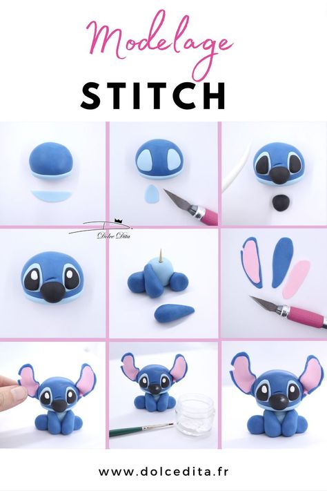 Stitch Clay Art, Stitch Fondant Cake, Easy Modeling Clay Ideas Simple, Fondant Stitch, Stitch Torte, Stitch Polymer Clay, Lilo And Stitch Diy, Fimo Clay Ideas, Stitch Cake Ideas