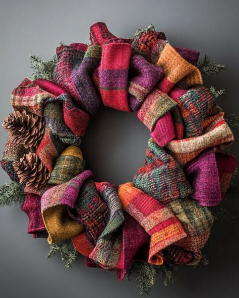 Lady sews flannel fabric scraps onto a wreath frame. The creation is so stunning! Scrap Fabric Christmas Projects, Christmas Wreaths Fabric, Fabric Wrapped Wreath, Fall Fabric Wreaths Diy, How To Store Wreaths, Scarf Wreath Diy, Flannel Upcycle Diy, Upcycled Wreath Ideas, Flannel Christmas Decor