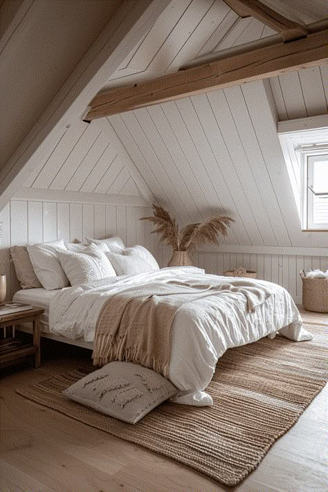 29 Attic Bedroom Ideas 8 Bedrooms In The Eaves, Bedroom Inspirations Scandinavian, Attic Sloped Ceiling, Aesthetic Attic Bedroom, Modern Attic Bedroom, Sloped Ceiling Storage, Remodeled Attic, Attic Bedroom Ideas Master, Cozy Loft Bedroom