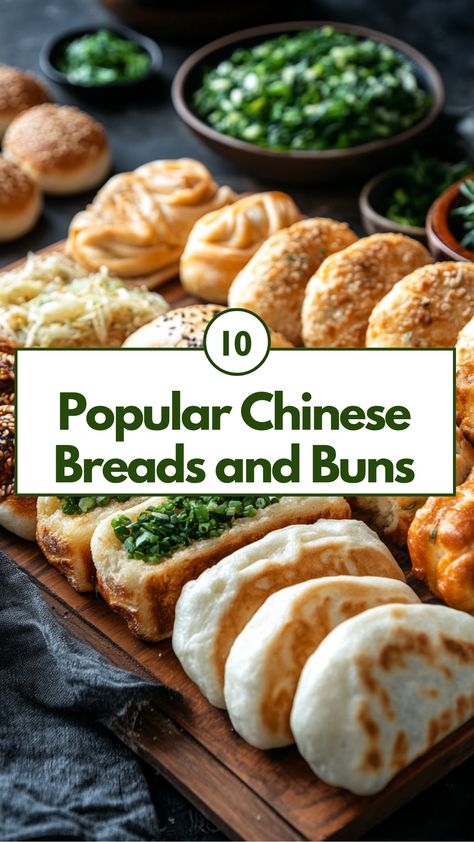 A selection of popular Chinese breads and buns, including soft steamed baozi, crispy scallion pancakes, and traditional mantou buns, arranged on a wooden board. Each bread variety showcases different textures and flavors, perfect for pairing with savory or sweet dishes. Filled Buns Recipe, Japanese Buns Recipe, Chinese Pastry Recipes, Chinese Desserts Traditional, Chinese Baked Goods, Chinese Bakery Recipes, Chinese Buns Recipe, Chinese Flatbread, Chinese Bread Recipe