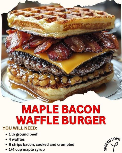 The Ultimate Maple Bacon Waffle Burger 🍔🧇 Who says burgers need buns? Meet the Maple Bacon Waffle Burger—a delicious twist combining crispy waffles, smoky bacon, juicy beef, and sweet maple syrup. This mouthwatering sweet-and-savory fusion is perfect for brunch or an indulgent meal! Ingredients: 2 large waffles (homemade or store-bought) 1 lb ground beef (2 patties) 4 slices crispy bacon 2 slices cheddar cheese 2 tbsp maple syrup 1 tbsp butter (for greasing) Salt & pepper (to taste) Optiona... Waffle Burger Recipes, Breakfast Burger Ideas, Waffle Dessert Ideas, Waffle Burgers, Maple Waffles, Waffle Burger, Waffles Homemade, Bacon Lasagna, Savory Waffle Recipe