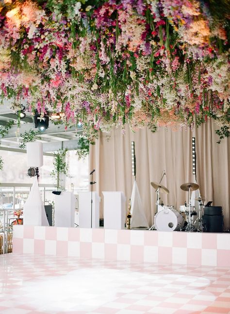 Wedding On A Lake, Flower Aisle, Wedding Reception Dance Floor, Floral Ceiling, Pink Wedding Receptions, Flower Ceiling, Wedding Ideas On A Budget, Wedding Ceiling, Indoor Wedding Receptions