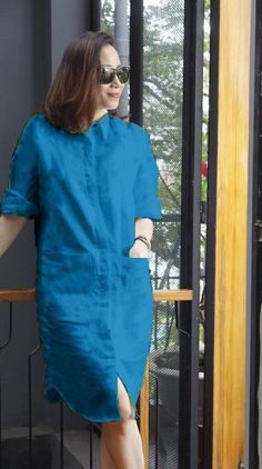 Lenin Dress, Tunik Linen, Linen Suits Women, Linen Style Fashion, Knee Length Dresses Casual, Dress Korea, Shirt Dress Outfit, Dressy Casual Outfits, Kurti Designs Latest