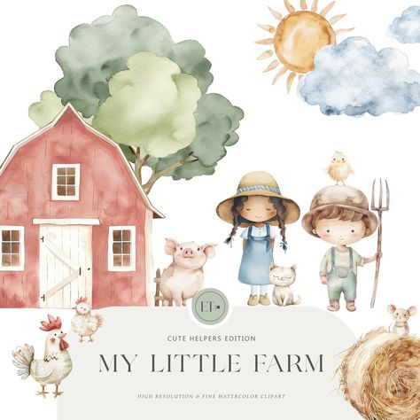 Bring the charm of the countryside to life with our adorable "My Little Farm" clipart collection! This delightful set is brimming with cute farmers, and a variety of other adorable farmyard companions - all illustrated in a captivating cartoon style. Perfect for creating heartwarming projects, these versatile cliparts are sure to spark your creativity. Complete your farm scene with these additional cliparts:  Barnyard Buddies https://earthtouneart.etsy.com/listing/1694475626/cute-farm-animals-cl Farm Clipart, Watercolor Farm, Pig Clipart, Clipart Animals, Baby Chickens, Cute Pig, Drawing Clipart, Chicken Art, Farm Scene