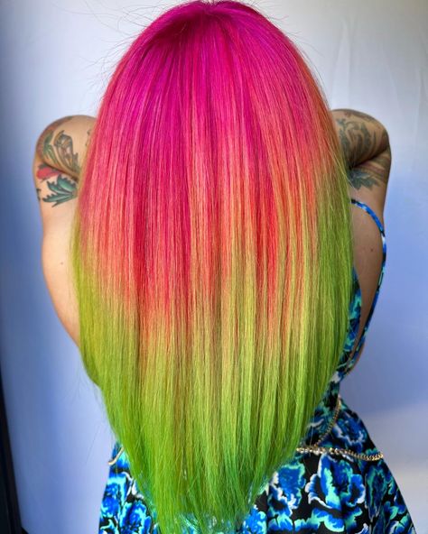 Pink And Lime Green Hair, Pink To Green Hair, Mitsuri Hair, Green Hair Ombre, Pink And Green Hair, Watermelon Hair, Schedule Ideas, Pink Purple Hair, Pink And Black Hair