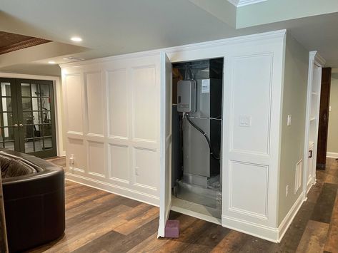 Basement Stairway Ideas Modern, Basement Storage Doors, Walkout Basement Doors, Guest Basement Ideas, Finished Basement With Storage, Hidden Rooms Storage Cabinets, Divided Basement Ideas, Basement Ideas Long And Narrow, Secret Room In Basement