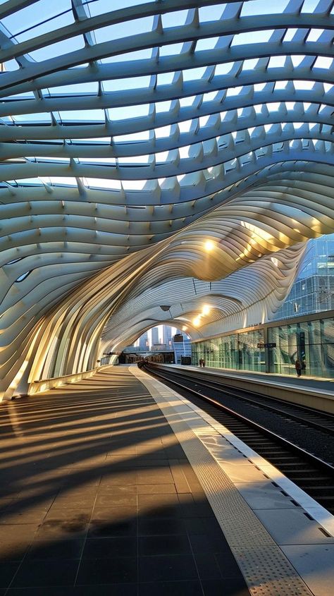 Discover the epitome of modern design with this stunning train station platform, where architecture meets artistry. Save & follow us on Visual Imagine for more awe-inspiring designs. Marvel at the wave-like roof structure, where symmetric strips weave together, creating a harmonious undulation. This masterpiece epitomizes futuristic elegance, blending form with function in a symphony of contemporary style. #ModernArchitecture #DesignInspiration #FuturisticDesigns #ContemporaryArt #TrainStationBeauty #VisualImagine # Beautiful Train Station, Wave Inspired Architecture, Futuristic Train Station, Modern Train Station, Train Station Design, Architect Model, Train Station Platform, Futuristic Elegance, Shadow Architecture