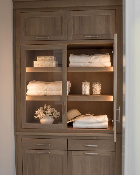 Built In Bathroom Linen Storage, Custom Cabinet Bathroom, Bathroom Cabinetry Storage, Built In Linen Cabinets, Bathroom With Storage Cabinet, Bathroom Built In Linen Cabinet, Built In Storage For Bathroom, Bathroom Clothes Storage, Custom Bathroom Cabinets Linen Closets