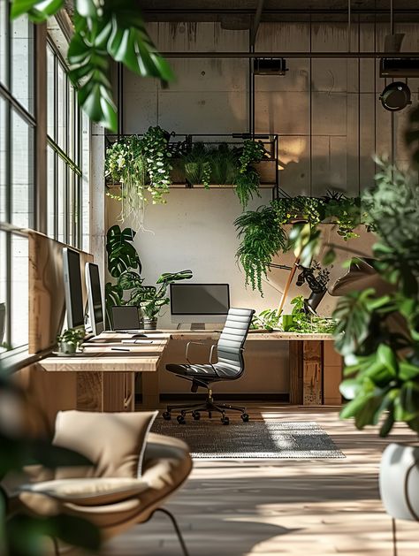 Artistic Office Space Earthy Office Space, Types Of Indoor Plants, Artistic Office, Nature Office, Wooden Desks, Zen Office, Bohemian Luxe, Inspirational Digital Art, Office Background