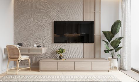 JAPANDI APARTMENT / ih3a / on Behance Modern Scandinavian Tv Wall, Japandi Living Room Small Apartment, Japandi Style Tv Unit, Tv Wall Design Japandi, Japandi Tv Wall Design, Livspace Bedroom, Japandi Tv Unit, Japandi Studio Apartment, Minimal Tv Unit Design