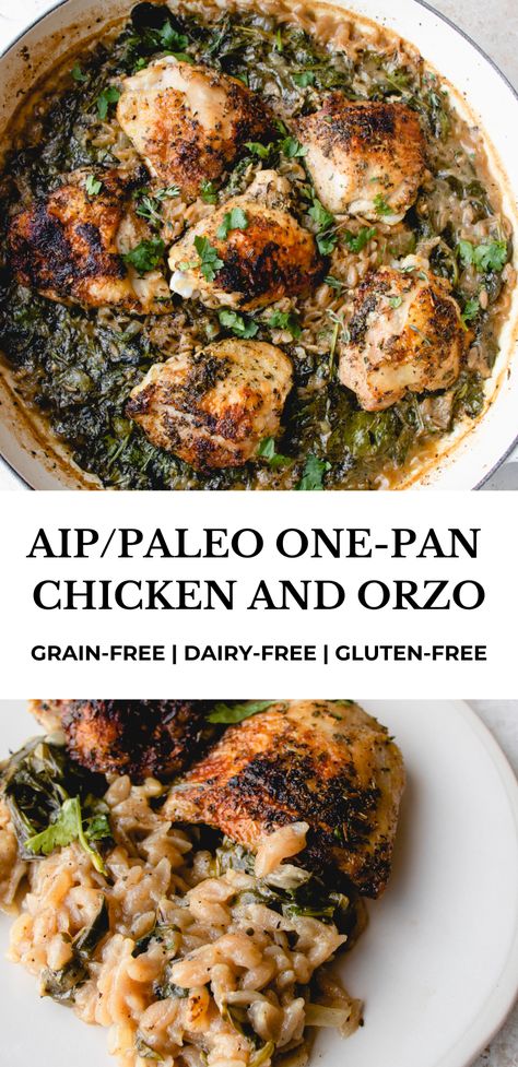 Aip Recipes Autoimmune Protocol, Paleo Chicken Thighs, Orzo With Spinach, Gluten Free Dairy Free Recipes Dinner, Autoimmune Diet Recipes, Chicken And Orzo, Autoimmune Recipes, Autoimmune Paleo Recipes, Aip Paleo Recipes