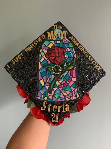 Disney. Beauty and the Beast. Occupational Therapy. Graduation. Grad. Cap. Beauty And The Beast Grad Cap Ideas, Graduation Cap Designs Beauty And The Beast, Beauty And The Beast Cap Graduation, Graduation Cap Designs Disney Princess, Grad Cap Inspo Disney, Graduation Cap Designs Princess, Disney Inspired Graduation Caps, Beauty And The Beast Grad Cap, Belle Graduation Cap