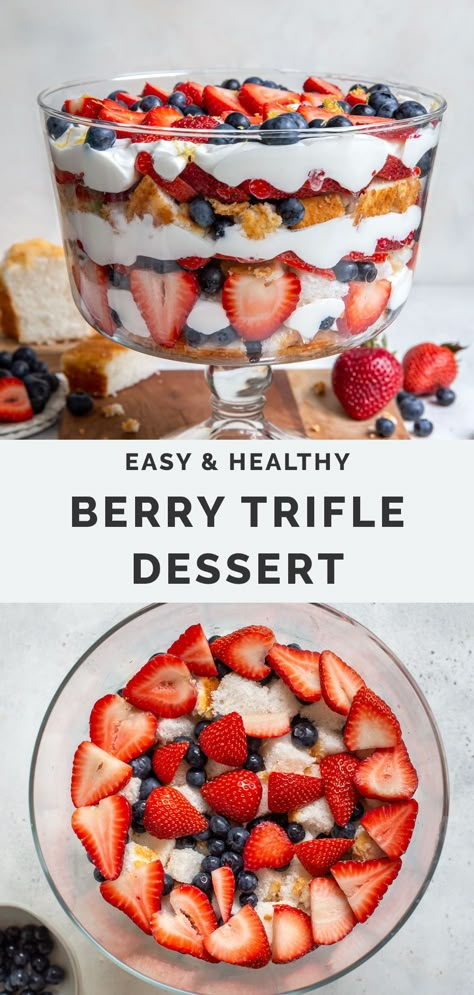 A healthy Berry Trifle dessert with layers of fresh berries, angel food cake and whipped topping. Easy to assemble in less than 30 minutes, and a dazzling make ahead dessert recipe for all your summer parties! Gluten free and dairy free friendly. #summertrifle #berrytrifle Healthy Birthday Desserts, Light Desserts Recipes Healthy, Healthy Trifle Recipes, Easy Berry Trifle, Fruit Trifle Desserts, Summer Berry Trifle Recipe, Healthy Trifle, Dairy Free Trifle, Quick Summer Desserts