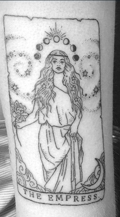 Neo Traditional Tarot Tattoo, The Empress Tarot Tattoo Simple, The Empress Tarot Card Tattoo, The High Priestess Tarot Tattoo, Leg Garter Tattoo, The Empress Tattoo, Empress Tarot Card Tattoo, The Empress Tarot Tattoo, Empress Tattoo