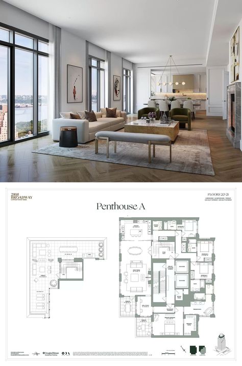 Penthouse Suite New York, Penthouse Design Ideas, Floor Plan Penthouse, Long Apartment Layout Interior Design, New York Penthouse Interior, Penthouse Apartment Decor, Penthouse Apartment Layout, Penthouse Plans Layout, Penthouse Apartment Plan