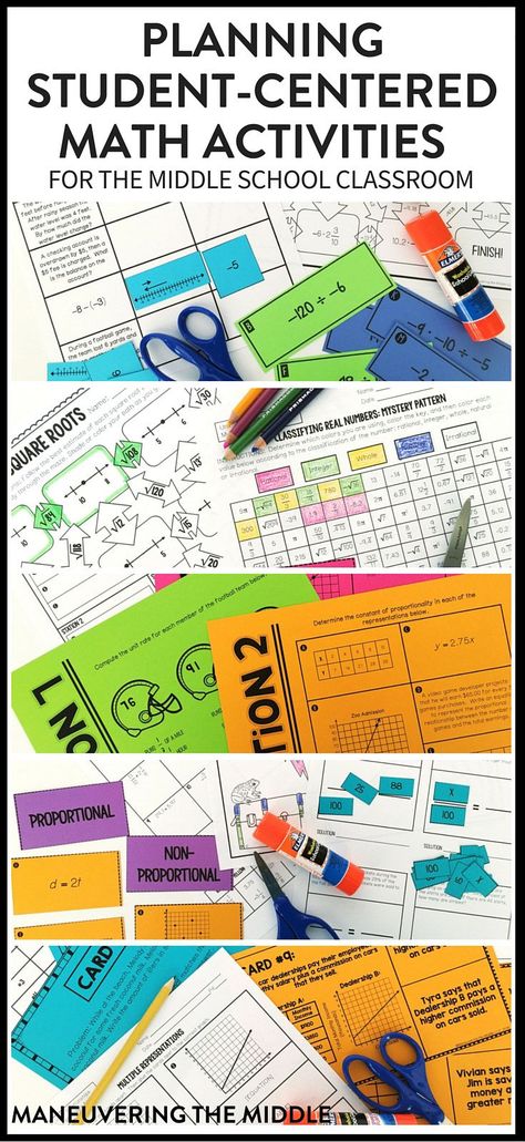 Hands-on math activities that are easy to plan and implement.  Ideas for utilizing math activities for middle school students.  | maneuveringthemiddle.com via @maneveringthem Math Solving, Maths Activities Middle School, Student Centered Learning, 6th Grade Math, Middle School Activities, Middle School Math Classroom, Number Lines, Math Centers Middle School, Science Notebooks