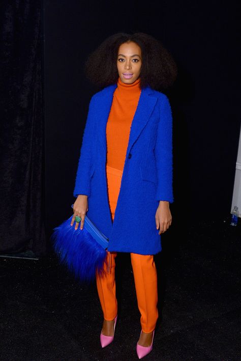 3. Solange Knowles At The Milly By Michelle Smith Fall 2014 Show In New York City | The Most Fab And Drab Celebrity Outfits Of The Week Solange Knowles, Solange Style, Solange Knowles Style, Colour Season, Color Wars, Color Blocking Outfits, Orange Outfit, Colour Combos, Blue Coat