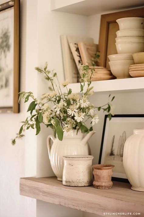 Cottagecore Kitchen Design: How to blend rustic charm with modern style - Cottagecore Shelf Ideas, Cottage Core Shelf Decor, Cottagecore Kitchen Wall Decor, Cottagecore Shelf, Aesthetic Kitchen Cottagecore, Cottagecore Kitchen Shelves, Cottagecore Kitchens, Cottagecore Aesthetic Kitchen Fairy, Minimalist Cottagecore