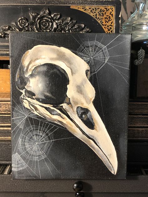 Raven skull Gothic Painting Ideas, Crow Skull, Raven Art, Raven Skull, Hippie Painting, Skull Painting, Canvas Painting Designs, Small Canvas Art, Diy Canvas Art Painting