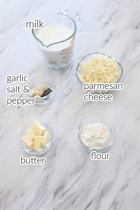 Alfredo sauce ingredients on a marble surface. Microwave Alfredo Sauce, Alfredo Sauce No Heavy Cream, Alfredo Sauce Recipe Without Cream, Alfredo Sauce Without Heavy Cream, Alfredo Sauce Without Cream, Healthy Alfredo Sauce Recipe, Alfredo Sauce With Milk, Alfredo Sauce Recipe Without Heavy Cream, Fetuccini Alfredo