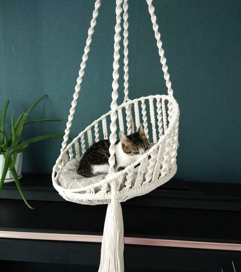 Cat Hammock Pattern, Boho Hanging Chair, Macrame Cat Hammock, Diy Cat Bed, Crochet Cat Bed, Macrame Hanging Chair, Swing Bed, Cat House Diy, Pet Hammock