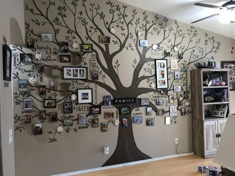 Family Tree Home Decor, Family Tree Wall Ideas, Diy Family Tree Wall Decor, Family Tree Picture Wall, Wall Photo Tree, Family Tree Murals On Wall, Family Tree Wallpaper, Oak Tree Family Tree Photo Wall, Family Tree Wall Art Stairs