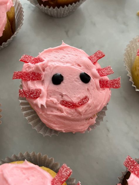 Axolotl Cupcake Cake, Salamander Birthday Party, Axolotl Theme Birthday, Axolotl Cake Pops, Axolotl Cupcake Ideas, Axolotl Party Food, Minecraft Axolotl Cake, Axolotl Birthday Party Decorations, Axolotl Cakes