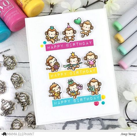 STAMP HIGHLIGHTS : LITTLE MONKEY AGENDA | mama elephant | design blog | Bloglovin’ Adorable Monkeys, Elephant Cards, Mama Elephant Cards, Mama Elephant Stamps, Window Cards, Paper Crafts Card, Whimsy Stamps, Mama Elephant, Flower Stamp