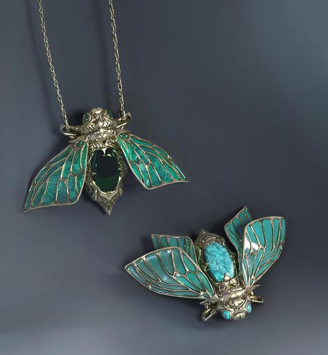 Insect Jewelry Design, Cicada Jewelry, 3d Jewelry, Beautiful Bugs, Jewellery Sketches, Insect Jewelry, Art Nouveau Design, Art Nouveau Jewelry, Jewelry Model