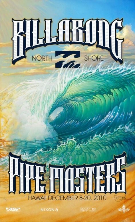 Surf art in surfing event posters | Club of the Waves Event Posters, Billabong Vintage, North Shore Hawaii, Billabong Surf, Surf Room, World Surf League, Beach Artist, Roxy Surf, Surf Poster