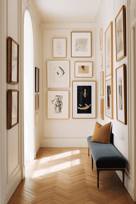 A narrow entryway bench upholstered with thick navy fabric and styled with a throw pillow - and walls on all sides display artworks - making it a focal point and turning the walls into an art gallery. Gallery Wall Hallway Narrow, Hallway Photo Wall, Hallway Photo Gallery, Narrow Entryway Bench, Vertical Gallery Wall, Gallery Wall Sizes, Hallway Artwork, Entryway Gallery Wall, Wall Nook