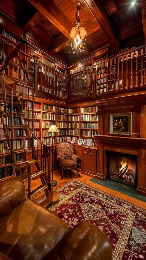 Luxurious home library with rich wood paneling, fireplace, leather chairs, and spiral staircase filled with books. A cozy haven for book lovers. Home Library Traditional, Library With Spiral Staircase, Antique Library Room, Old Style Library, Library Room Vintage, Country House Library, Classic Library Aesthetic, Home Library Dark Wood, Amazing Home Library