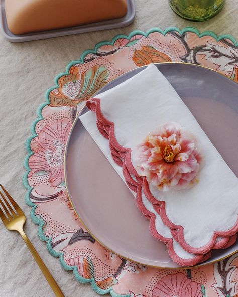 Spring placemats are in! Style yourself a pretty table this season with our hand block printed scallop placemats, handmade porcelain plates… | Instagram Mismatched Plates, Brunch Decor, Floral Placemats, Maximalist Design, Home Decor Brand, Eco Friendly Kitchen, Woven Placemats, Printed Napkins, Pretty Tables