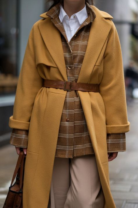 Mustard Fall Outfits, Mustard Coat Outfit, Yellow Fall Outfits, Mustard Coat, Mustard Blazer, Trendy Fall Outfits, Warm Scarf, Coat Outfits, Plaid Blazer