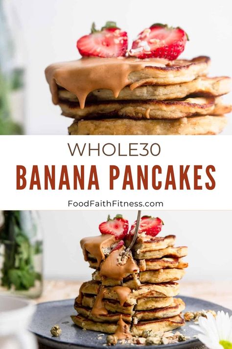 Easy, 4 ingredient Whole30 Banana Pancakes will surely make your breakfast dreams come true in the form of golden brown, pillowy flapjacks! Whole Food Pancakes, Whole 30 Banana Pancakes, Whole 30 Waffles, Whole 30 Banana Recipes, Whole 30 Breakfast No Eggs, Whole 30 Pancakes, Whole30 Pancakes, Whole 30 Recipes Breakfast, Whole30 Breakfast Ideas