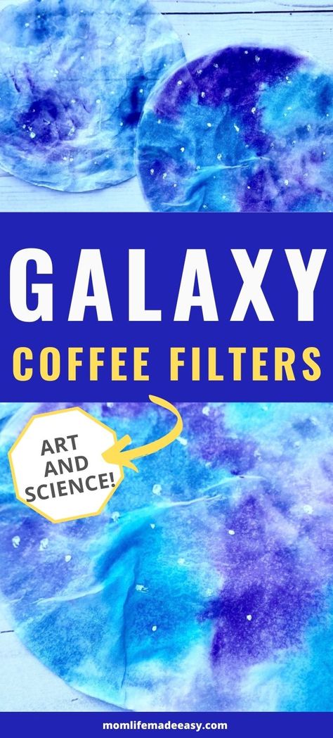 Galaxy Coffee Filter Craft, Galaxy Handprint Art, Space Art Crafts For Preschool, Preschool Galaxy Art, Coffee Filter Galaxy, Coffee Filter Watercolor Art, Space Art For Kindergarten, Universe Crafts For Preschool, Galaxy Painting Preschool