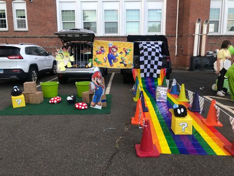 Mario Kart Backdrop Ideas, Trunk Or Treat Ideas Mario Kart, Super Mario Cart Trunk Or Treat, Mario Carnival Games, Super Mario Brothers Trunk Or Treat Ideas, Trunk Or Treat Mario Ideas For Cars, Super Mario Trunk Or Treat Game, Mario Kart Parade Float, Spooky Mario Bros